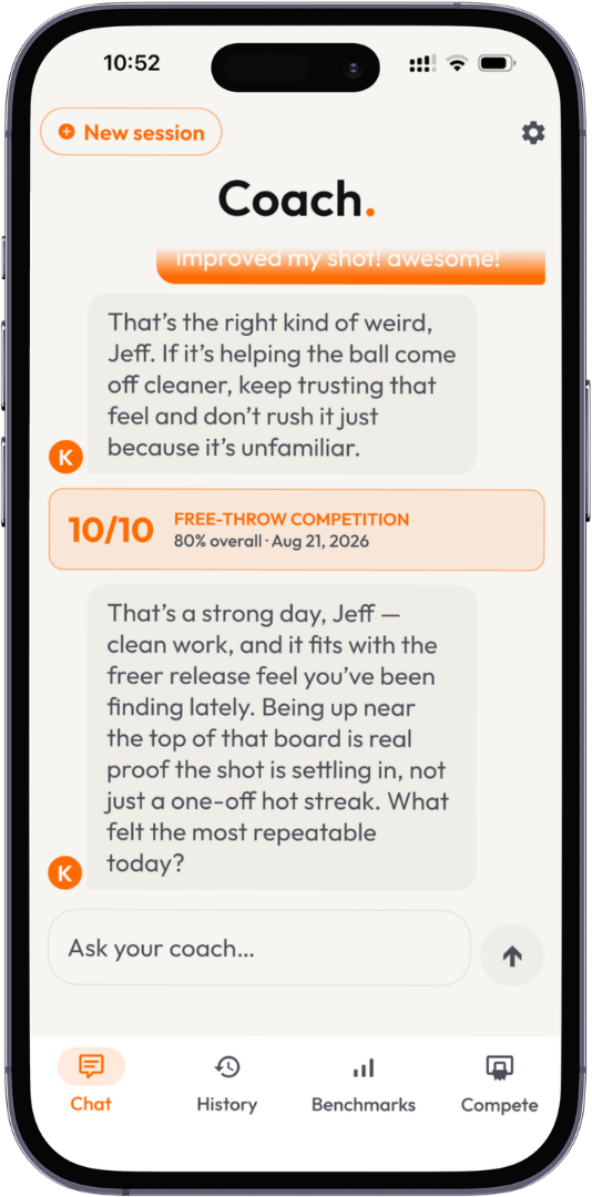 Kima Coach chat screen showing a conversation with your AI coach