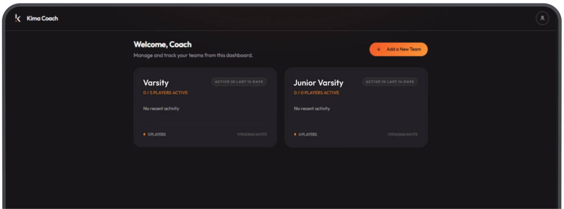 Coach dashboard showing teams overview with Varsity and Junior Varsity