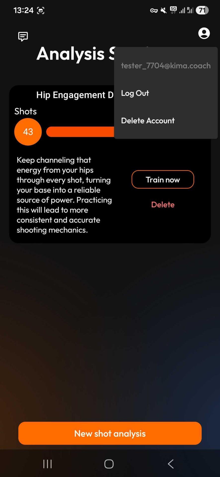 Profile menu showing Delete Account option