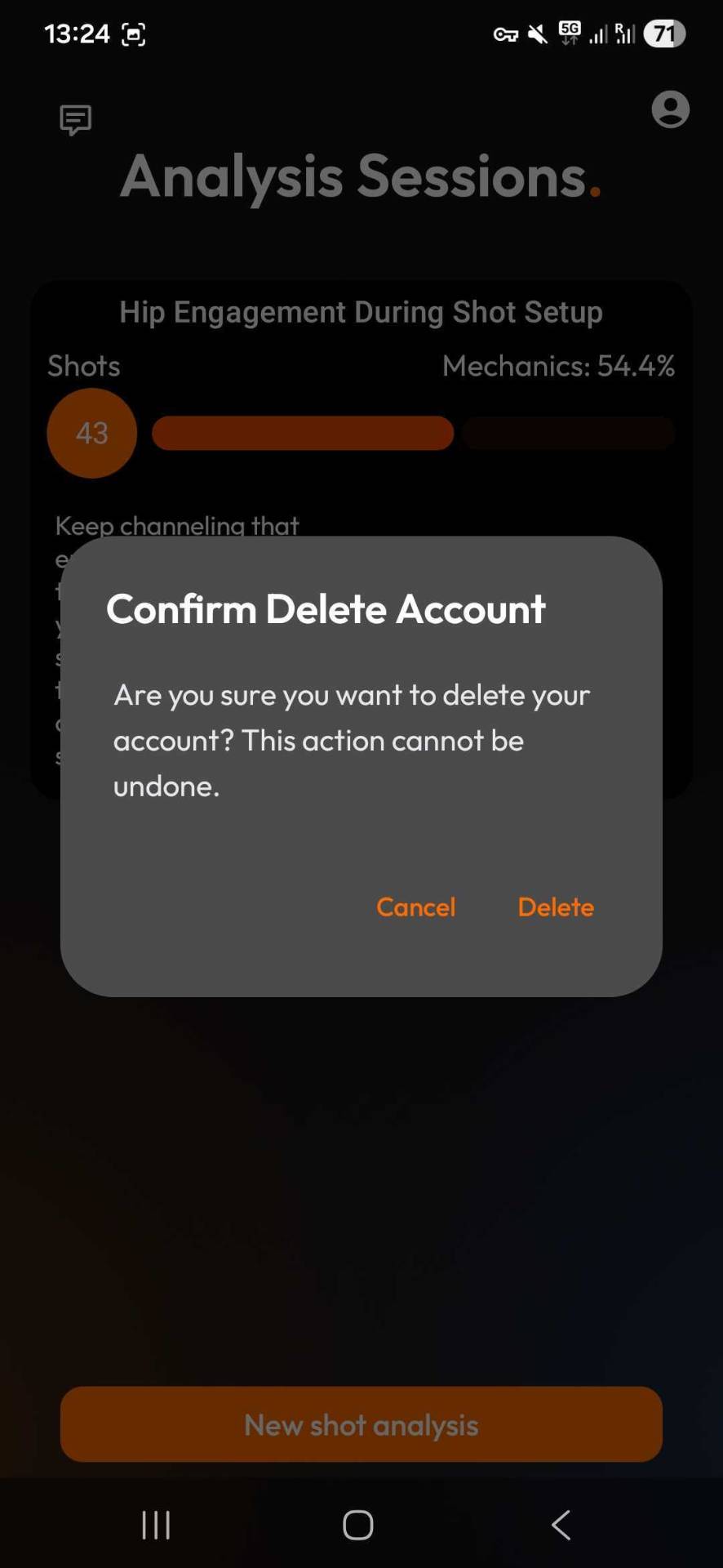 Confirm delete account dialog
